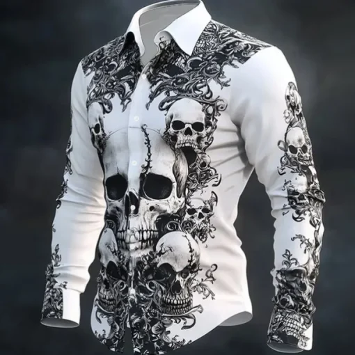 Halloween Men's Halloween Costumes Skulls Shirt Button Up Shirt Casual Dress Shirt Long Sleeve Dark Gothic Style Holiday Summer Spring Turndown 3D Print Collared Shirts White 1 White