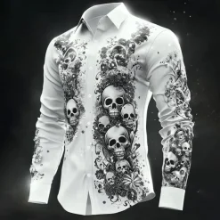 Halloween Men's Halloween Costumes Skulls Shirt Button Up Shirt Casual Dress Shirt Long Sleeve Dark Gothic Style Holiday Summer Spring Turndown 3D Print Collared Shirts White 1 White