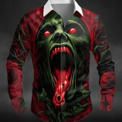 Halloween Men's Halloween Costumes Monster Shirt Button Up Shirt Long Sleeve Dark Punk Gothic Style Outdoor Holiday Summer Spring Turndown 3D Print Collared Shirts Red Blue Green