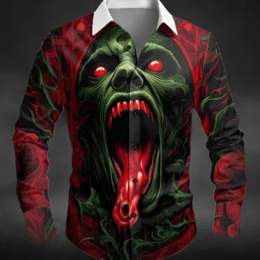 Halloween Men's Halloween Costumes Monster Shirt Button Up Shirt Long Sleeve Dark Punk Gothic Style Outdoor Holiday Summer Spring Turndown 3D Print Collared Shirts Red Blue Green