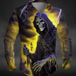 Halloween Men's Lightening Death Halloween Costumes Shirt Button Up Shirt Long Sleeve Dark Punk Gothic Style Outdoor Holiday Summer Spring Turndown 3D Print Collared Shirts Yellow Orange Green