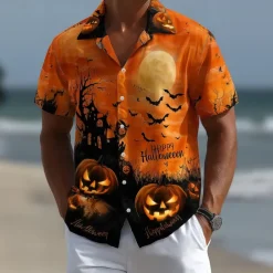 Halloween Men's Pumpkin Cemetery Halloween Costumes Shirt Cuban Collar Shirt Button Up Shirt Short Sleeve Dark Punk Gothic Style Holiday Streetwear Summer Camp Collar Shirt 3D Print Orange red Orange