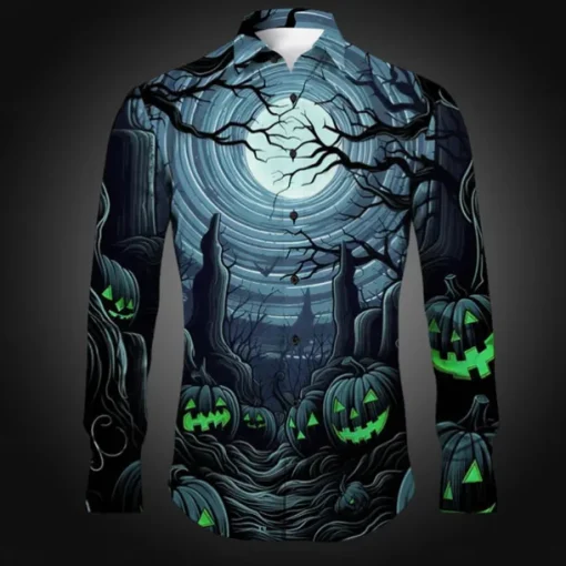 Halloween Men's Pumpkin Grimace Halloween Costumes Shirt Button Up Shirt Long Sleeve Horror Dark Party Evening Wear Fall Winter Spring & Summer Turndown Shirt Collar Button Up 3D Print Black Red Blue