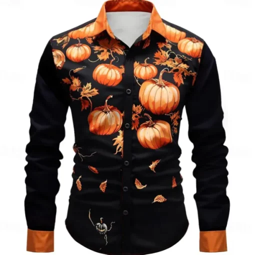 Halloween Men's Pumpkin Halloween Costumes Button Up Shirt Long Sleeve Casual Party Evening Wear Fall Winter Spring & Summer Turndown Shirt Collar Button Up 3D Print Orange