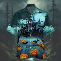 Halloween Men's Pumpkin Haunted House Halloween Costumes Shirt Cuban Collar Shirt Button Up Shirt Short Sleeve Dark Punk Gothic Style Holiday Streetwear Summer Camp Collar Shirt 3D Print Blue Green