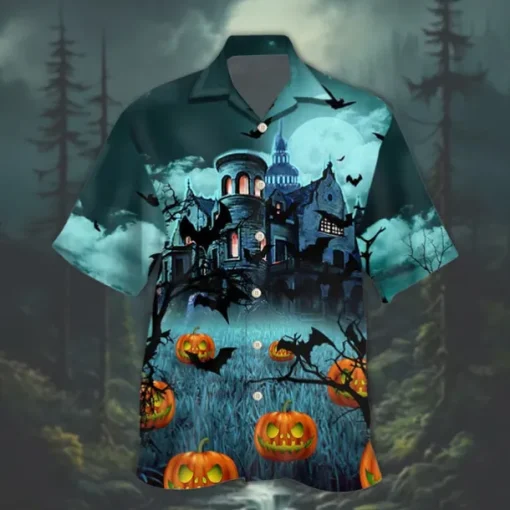 Halloween Men's Pumpkin Haunted House Halloween Costumes Shirt Cuban Collar Shirt Button Up Shirt Short Sleeve Dark Punk Gothic Style Holiday Streetwear Summer Camp Collar Shirt 3D Print Blue Green