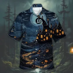 Halloween Men's Pumpkin Haunted House Halloween Costumes Shirt Cuban Collar Shirt Button Up Shirt Short Sleeve Dark Punk Gothic Style Holiday Streetwear Summer Camp Collar Shirt 3D Print Blue Green