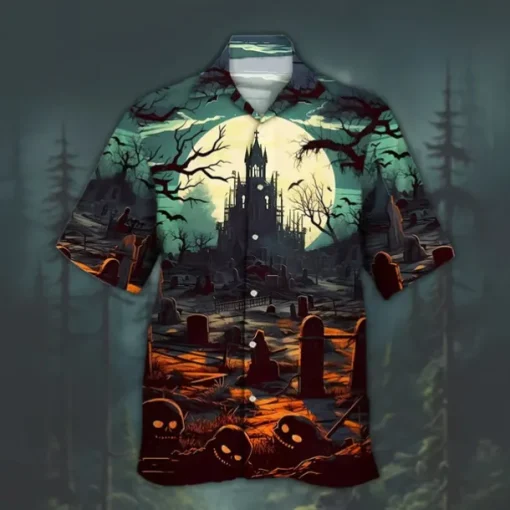 Halloween Men's Pumpkin Haunted House Halloween Costumes Shirt Cuban Collar Shirt Button Up Shirt Short Sleeve Dark Punk Gothic Style Holiday Streetwear Summer Camp Collar Shirt 3D Print Blue Green