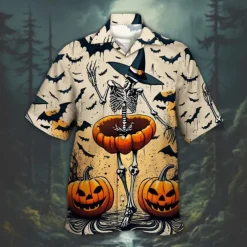 Halloween Men's Pumpkin Haunted House Halloween Costumes Shirt Cuban Collar Shirt Button Up Shirt Short Sleeve Dark Punk Gothic Style Holiday Streetwear Summer Camp Collar Shirt 3D Print Orange