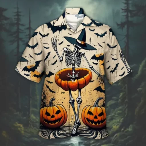Halloween Men's Pumpkin Haunted House Halloween Costumes Shirt Cuban Collar Shirt Button Up Shirt Short Sleeve Dark Punk Gothic Style Holiday Streetwear Summer Camp Collar Shirt 3D Print Orange