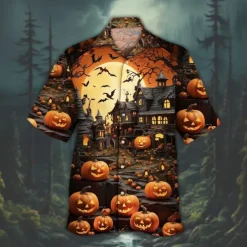 Halloween Men's Pumpkin Haunted House Halloween Costumes Shirt Cuban Collar Shirt Button Up Shirt Short Sleeve Dark Punk Gothic Style Holiday Streetwear Summer Camp Collar Shirt 3D Print Orange