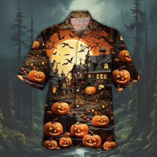 Halloween Men's Pumpkin Haunted House Halloween Costumes Shirt Cuban Collar Shirt Button Up Shirt Short Sleeve Dark Punk Gothic Style Holiday Streetwear Summer Camp Collar Shirt 3D Print Orange