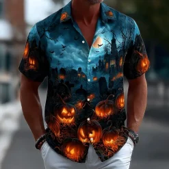 Halloween Men's Pumpkin Haunted House Halloween Costumes Shirt Button Up Shirt Short Sleeve Dark Punk Gothic Style Holiday Streetwear Summer Spring Turndown 3D Print Collared Shirts Blue Dark Blue