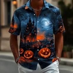 Halloween Men's Pumpkin Haunted House Halloween Costumes Shirt Button Up Shirt Short Sleeve Dark Punk Gothic Style Holiday Streetwear Summer Spring Turndown 3D Print Collared Shirts Blue Dark Blue