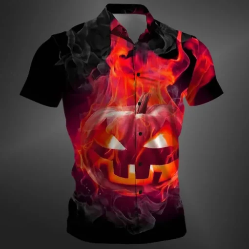 Halloween Men's Pumpkin Halloween Costumes Shirt Button Up Shirt Short Sleeve Casual Dark Party Evening Wear Daily Summer Winter Spring & Fall Turndown Button Up 3D Print Red Purple Orange Green