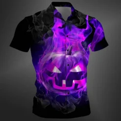 Halloween Men's Pumpkin Halloween Costumes Shirt Button Up Shirt Short Sleeve Casual Dark Party Evening Wear Daily Summer Winter Spring & Fall Turndown Button Up 3D Print Red Purple Orange Green