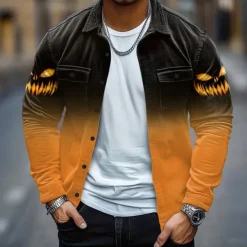 Halloween Men's Pumpkin Halloween Costumes Corduroy Shirt Shirt Jacket Overshirt Long Sleeve Dark Gothic Style Holiday Fall Winter Turndown Button-Down Warm Jacket with Flap Pockets Blue Purple