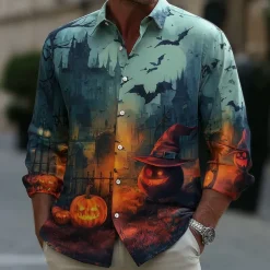 Halloween Men's Pumpkin Haunted House Halloween Costumes Shirt Button Up Shirt Long Sleeve Casual Outdoor Holiday Summer Spring Turndown 3D Print Collared Shirts Green Dark Blue