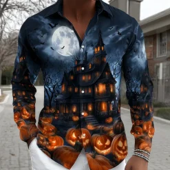 Halloween Men's Pumpkin Haunted House Halloween Costumes Shirt Button Up Shirt Long Sleeve Casual Outdoor Holiday Summer Spring Turndown 3D Print Collared Shirts Green Dark Blue