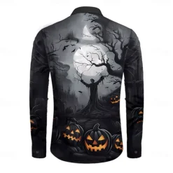 Halloween Men's Pumpkin Halloween Costumes Button Up Shirt Long Sleeve Horror Party Evening Wear Fall Winter Spring & Summer Shirt Collar 3D Print Black