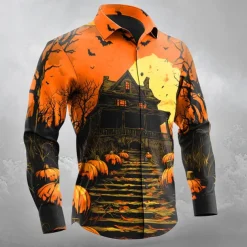 Halloween Men's Pumpkin Haunted House Jack-o'-lantern Shirt Button Up Shirt Long Sleeve Dark Gothic Style Outdoor Holiday Spring Fall Turndown 3D Print Collared Shirts Orange red Orange yellow Black