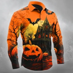 Halloween Men's Pumpkin Haunted House Jack-o'-lantern Shirt Button Up Shirt Long Sleeve Dark Gothic Style Outdoor Holiday Spring Fall Turndown 3D Print Collared Shirts Orange red Orange yellow Black