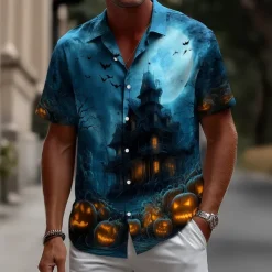 Halloween Men's Pumpkin Haunted House Halloween Costumes Shirt Button Up Shirt Short Sleeve Dark Punk Gothic Style Holiday Streetwear Summer Spring Turndown 3D Print Collared Shirts Blue 2# Blue 1