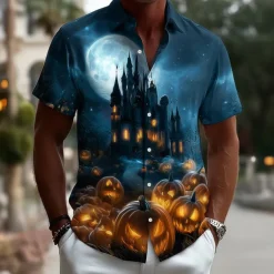 Halloween Men's Pumpkin Haunted House Halloween Costumes Shirt Button Up Shirt Short Sleeve Dark Punk Gothic Style Holiday Streetwear Summer Spring Turndown 3D Print Collared Shirts Blue 2# Blue 1