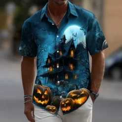 Halloween Men's Pumpkin Haunted House Halloween Costumes Shirt Button Up Shirt Short Sleeve Dark Punk Gothic Style Holiday Streetwear Summer Spring Turndown 3D Print Collared Shirts Blue 2# Blue 1