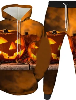 Halloween Men's Pumpkin 2pcs 3D Sweatshirt Sets Tracksuit Hoodie Sweatshirt Long Sleeve Long pants Hooded Casual Daily Athleisure Festival Outfit 3D Print Spring Fall Winter Black Blue Orange