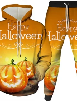 Halloween Men's Pumpkin 2pcs 3D Sweatshirt Sets Tracksuit Hoodie Sweatshirt Long Sleeve Long pants Hooded Casual Daily Athleisure Festival Outfit 3D Print Hooded Spring Fall Winter Black Yellow Orange