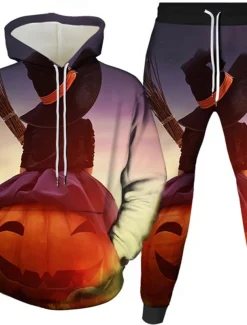Halloween Men's Pumpkin 2pcs 3D Sweatshirt Sets Tracksuit Hoodie Sweatshirt Long Sleeve Long pants Hooded Casual Daily Athleisure Festival Outfit 3D Print Hooded Spring Fall Winter Black Yellow Orange