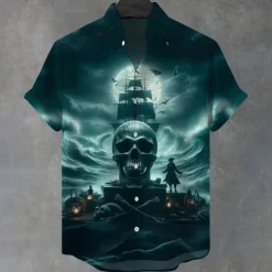 Halloween Men's Sailboat Halloween Costumes Skulls Shirt Button Up Shirt Stand Collar Shirt Short Sleeve Dark Gothic Style Holiday Summer Spring Mandarin Collar 3D Print Linen Like Shirt Black Blue
