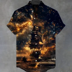 Halloween Men's Sailboat Halloween Costumes Skulls Shirt Button Up Shirt Stand Collar Shirt Short Sleeve Dark Gothic Style Holiday Summer Spring Mandarin Collar 3D Print Linen Like Shirt Black Blue