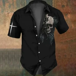 Halloween Men's Skull Cross Halloween Costumes Shirt Button Up Shirt Short Sleeve Dark Gothic Style Holiday Summer Spring Turndown 3D Print Collared Shirts Black 1 Black