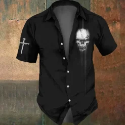 Halloween Men's Skull Cross Halloween Costumes Shirt Button Up Shirt Short Sleeve Dark Gothic Style Holiday Summer Spring Turndown 3D Print Collared Shirts Black 1 Black