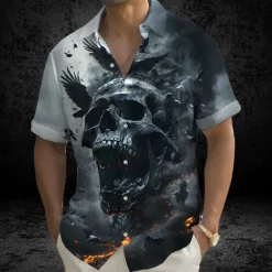 Halloween Men's Skull Death Halloween Costumes Shirt Summer Shirt Button Up Shirt Short Sleeve Dark Gothic Style Holiday Summer Spring Turndown 3D Print Collared Shirts Front One Pocket Brown Dark