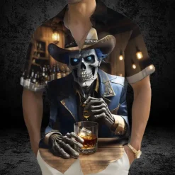 Halloween Men's Skull Death Halloween Costumes Shirt Summer Shirt Button Up Shirt Short Sleeve Dark Gothic Style Holiday Summer Spring Turndown 3D Print Collared Shirts Front One Pocket Brown Dark