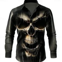 Halloween Men's Skull Death Shirt Button Up Shirt Long Sleeve Dark Punk Gothic Style Outdoor Holiday Summer Spring Turndown 3D Print Collared Shirts Black 1 Black