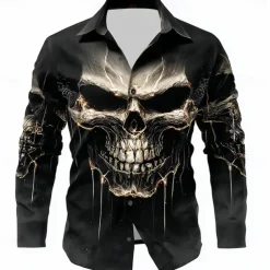 Halloween Men's Skull Death Shirt Button Up Shirt Long Sleeve Dark Punk Gothic Style Outdoor Holiday Summer Spring Turndown 3D Print Collared Shirts Black 1 Black