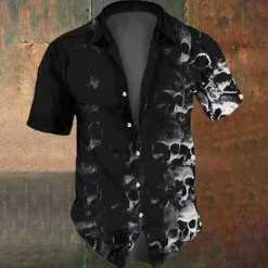 Halloween Men's Skull Death Halloween Costumes Shirt Button Up Shirt Short Sleeve Dark Gothic Style Holiday Summer Spring Turndown 3D Print Collared Shirts Black 1 Black
