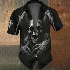 Halloween Men's Skull Death Halloween Costumes Shirt Button Up Shirt Short Sleeve Dark Gothic Style Holiday Summer Spring Turndown 3D Print Collared Shirts Black 1 Black