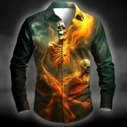 Halloween Men's Skull Flame Halloween Costumes Shirt Button Up Shirt Long Sleeve Dark Punk Gothic Style Outdoor Holiday Summer Spring Turndown 3D Print Collared Shirts Red Blue Dark Green
