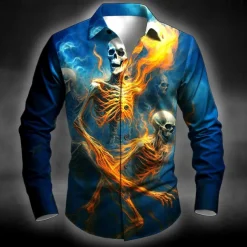 Halloween Men's Skull Flame Halloween Costumes Shirt Button Up Shirt Long Sleeve Dark Punk Gothic Style Outdoor Holiday Summer Spring Turndown 3D Print Collared Shirts Red Blue Dark Green