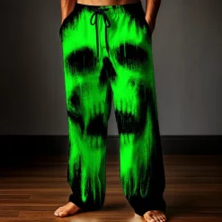 Halloween Men's Skull Halloween Costumes Trousers Baggy Pants Casual Pants Mid Waist Dark Gothic Style Outdoor Holiday Elastic Drawstring Waist Linen-Like Pants with Pockets Summer Spring Fall 3D