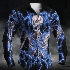 Halloween Men's Skull Halloween Costumes Button Up Shirt Long Sleeve Horror Party Evening Wear Daily Fall Winter Spring & Summer Shirt Collar 3D Print Red Blue Purple Green