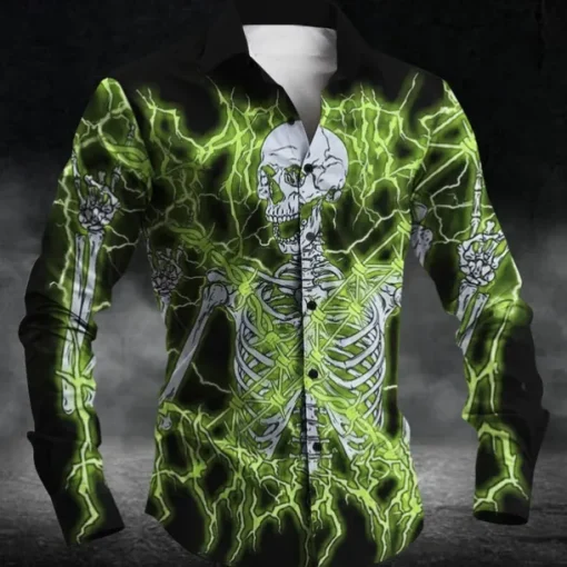 Halloween Men's Skull Halloween Costumes Button Up Shirt Long Sleeve Horror Party Evening Wear Daily Fall Winter Spring & Summer Shirt Collar 3D Print Red Blue Purple Green