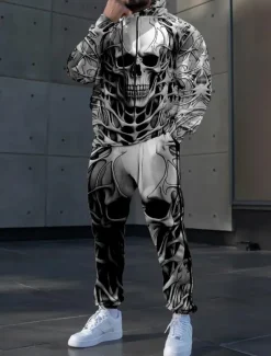 Halloween Men's Skulls 2pcs 3D Sweatshirt Sets Tracksuit Hoodie Sweatshirt Long Sleeve Long pants Hooded Casual Daily Modern Urban Athleisure Streetwear 3D Print Spring Fall Winter White Dark Gray