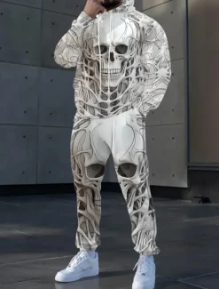 Halloween Men's Skulls 2pcs 3D Sweatshirt Sets Tracksuit Hoodie Sweatshirt Long Sleeve Long pants Hooded Casual Daily Modern Urban Athleisure Streetwear 3D Print Spring Fall Winter White Dark Gray