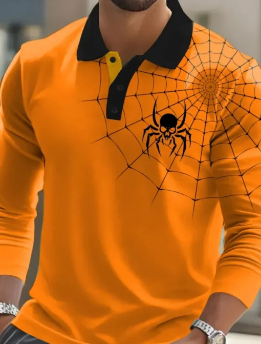 Halloween Men's Spider web Polo Long Sleeve Polo Shirts Lapel Casual Street Athleisure Daily Wear 3D Print Buttons Spring Fall Winter Red Orange Green